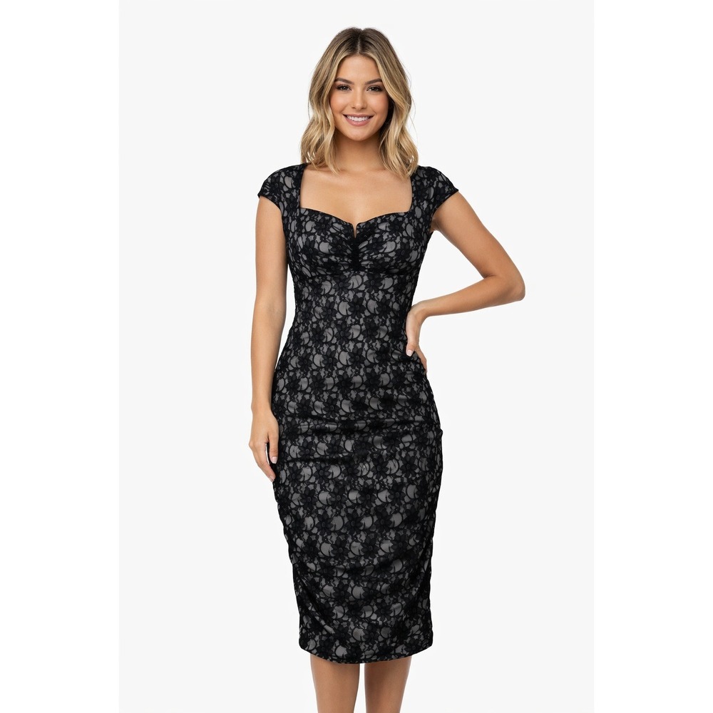 Joseph Ribkoff Black Floral Lace Ruched Midi Dress Cap Sleeve Party 6 S Evening